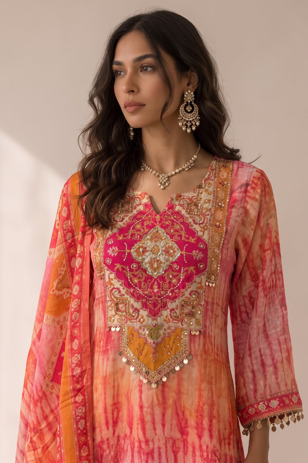 Coral Pink Embellished Crepe Silk Pant Set