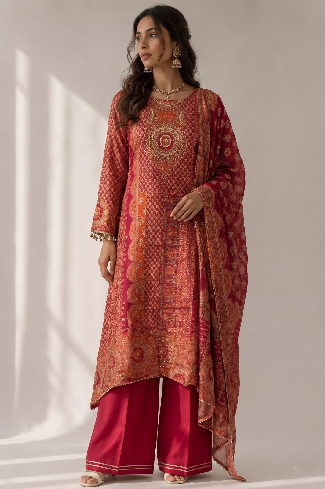 Crimson Red Embellished Crepe Silk Pant Set