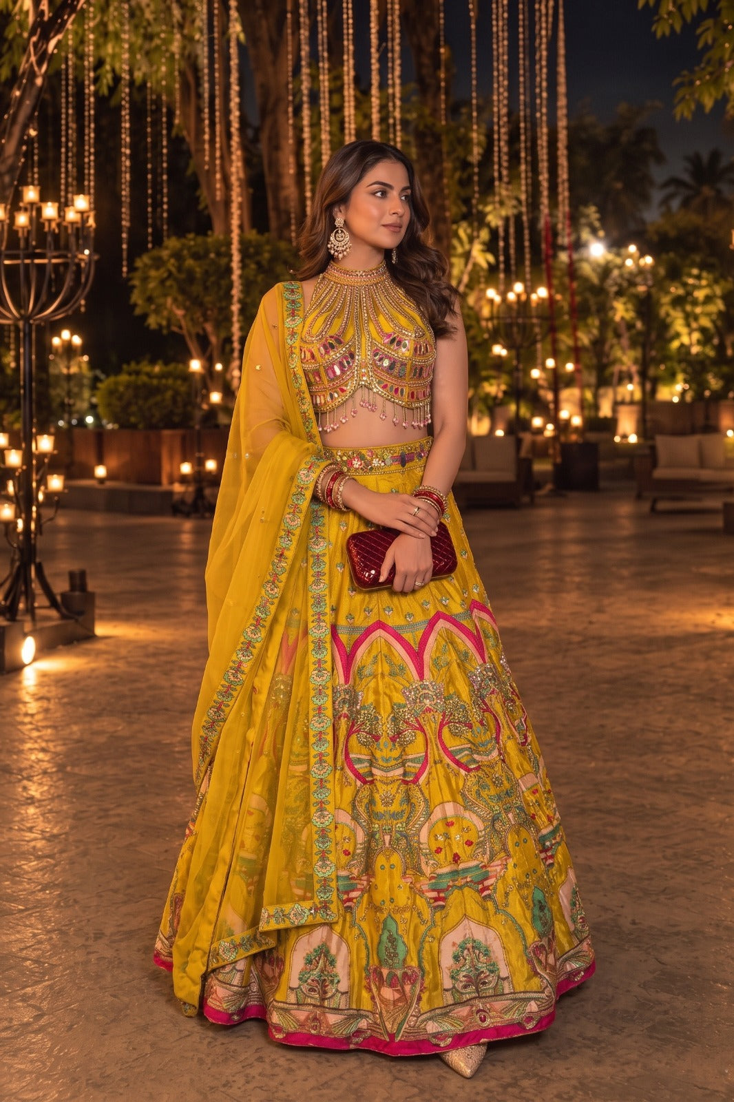 Sunshine Yellow Embellished Crepe Silk Skirt Set