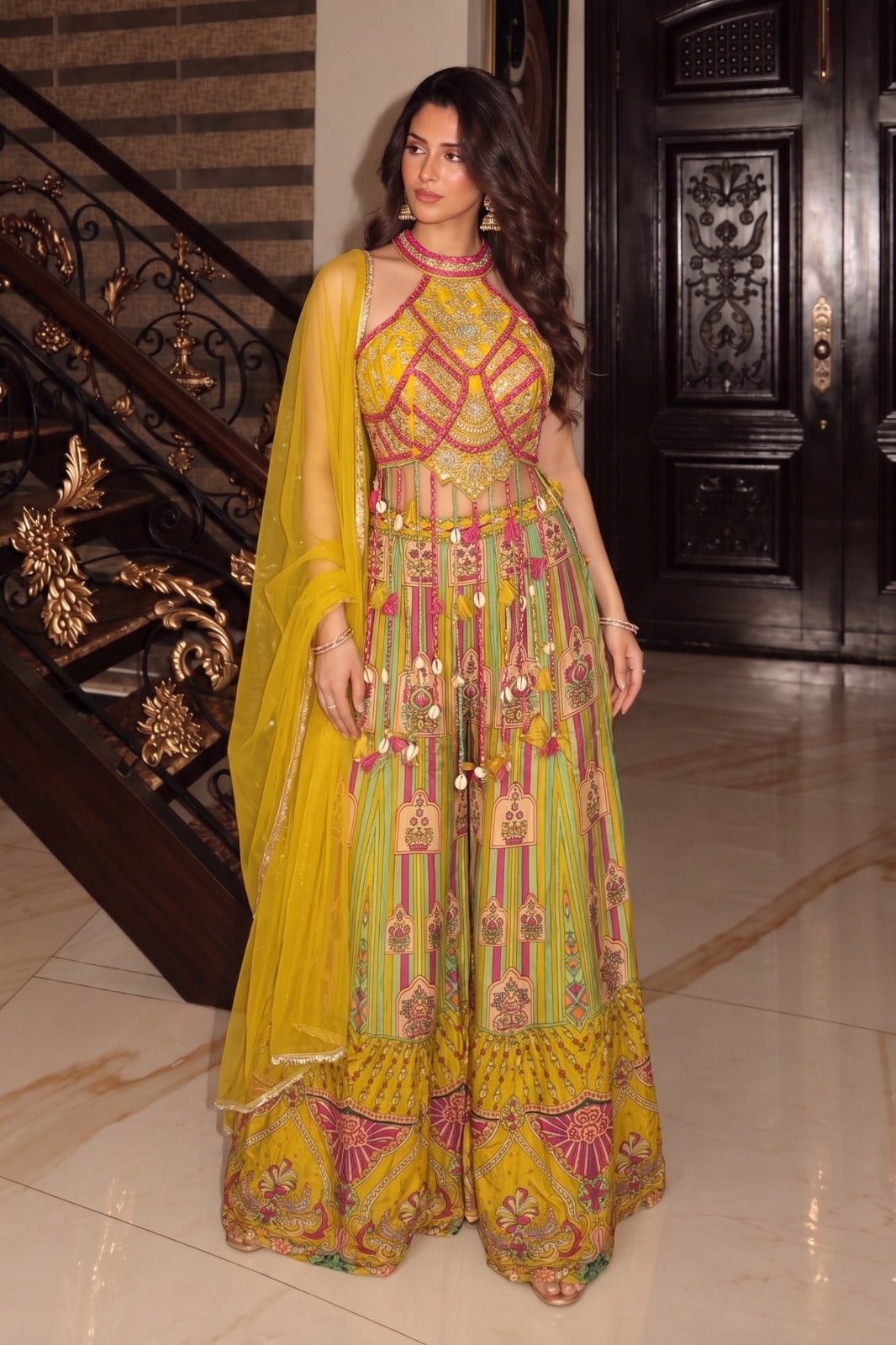Mustard Yellow Embellished Crepe Silk Palazzo Set