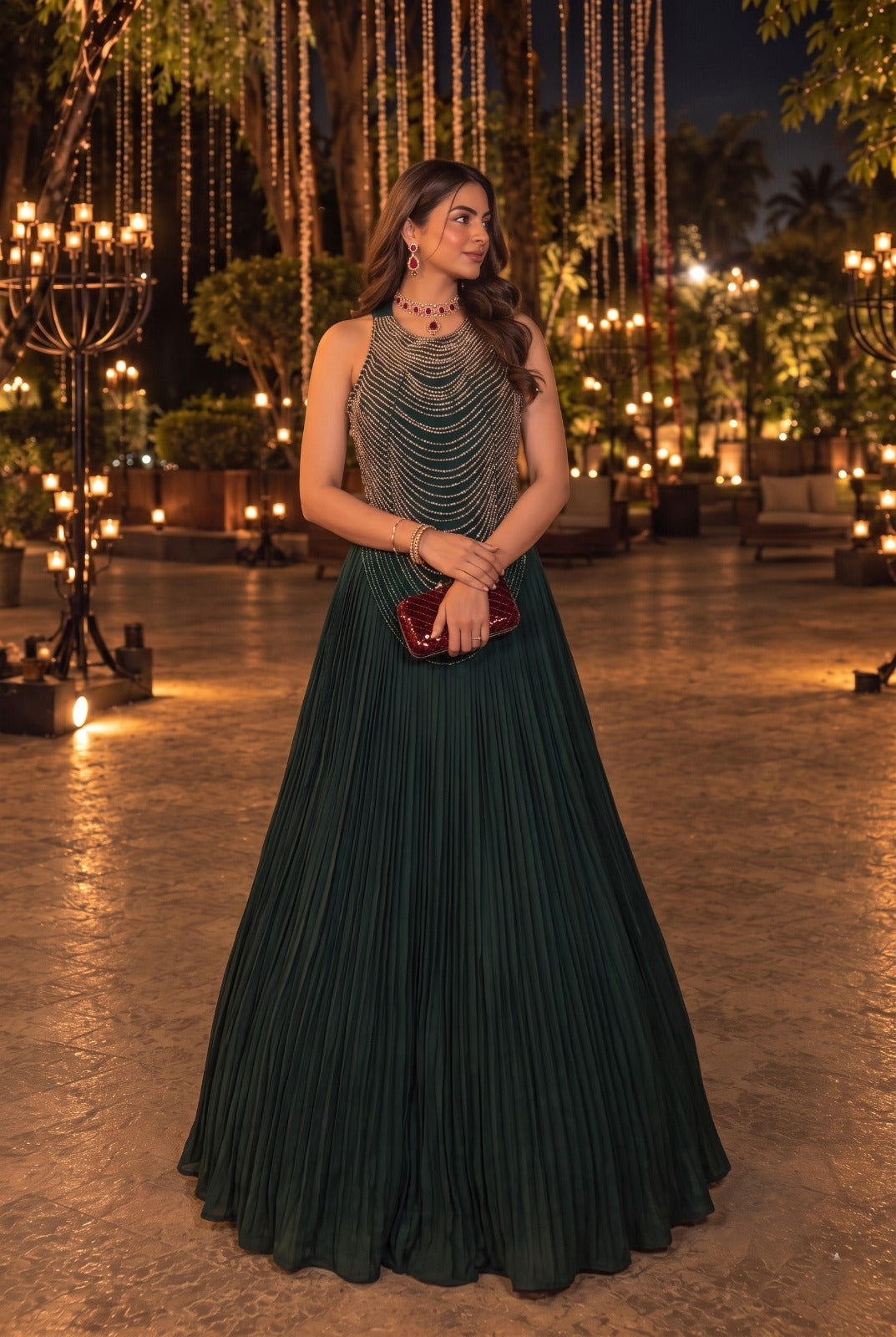 Bottle Green Embellished Shimmer Crushed Silk Skirt Set