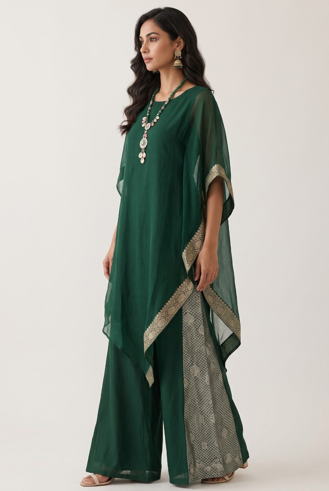 Emerald Green Embellished Khadi linen Kaftan Set