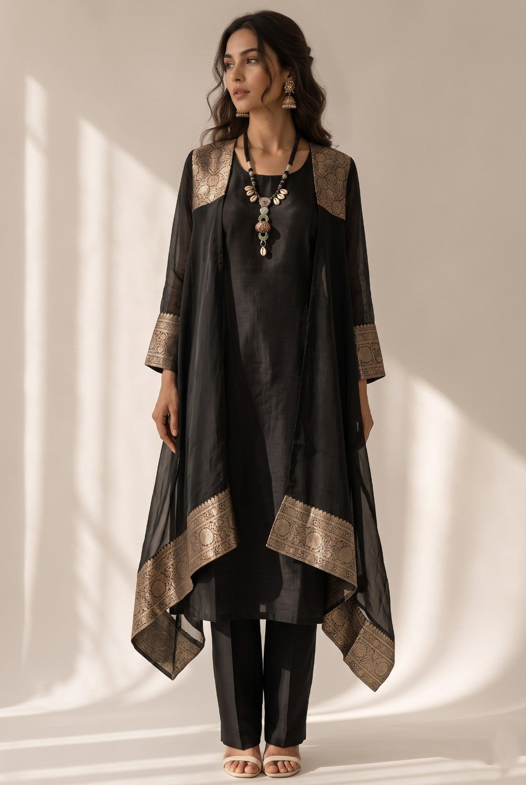 Black Embellished Khadi Linen Pant Set