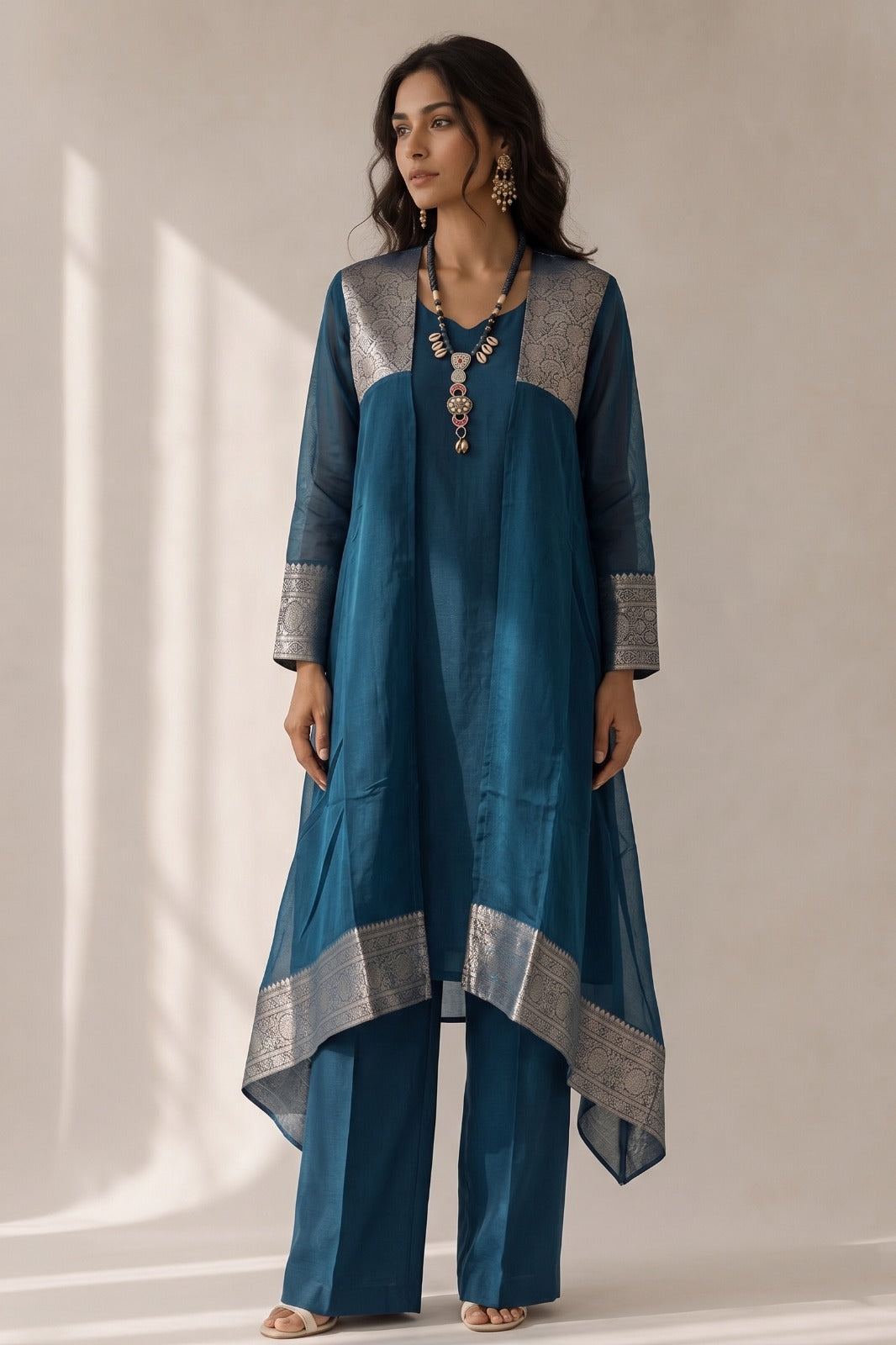 Peacock Teal Blue Embellished Khadi Linen Pant Set