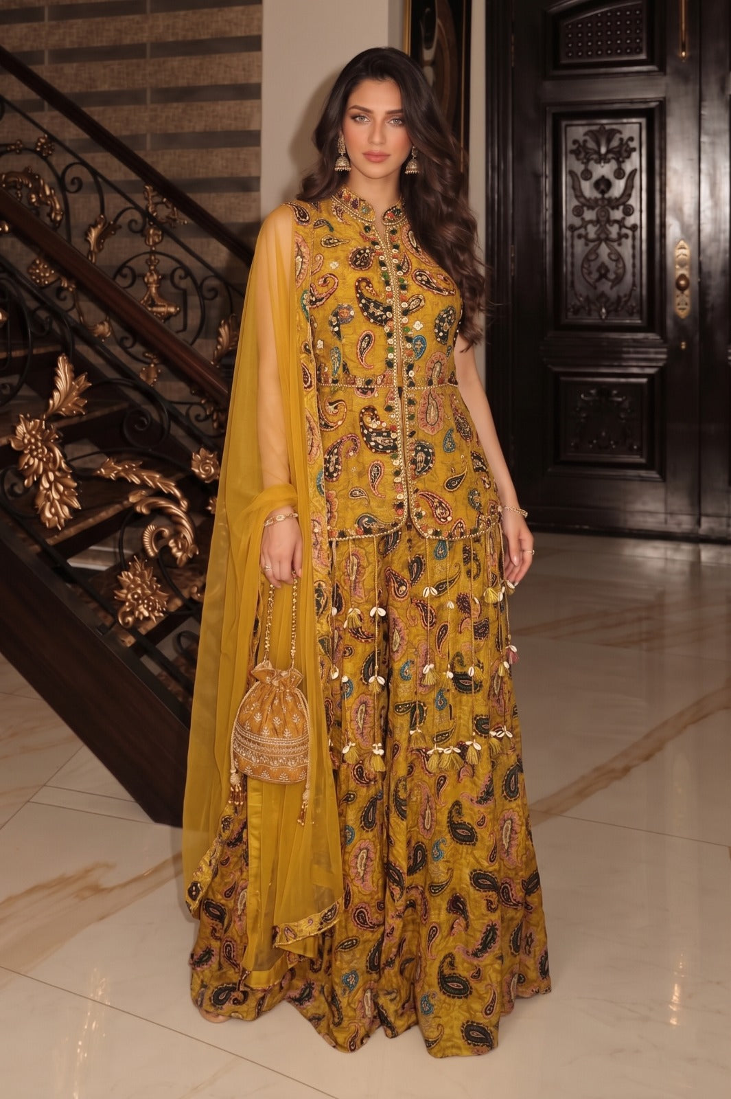 Mustard Yellow Embellished Crepe Silk Palazzo Set