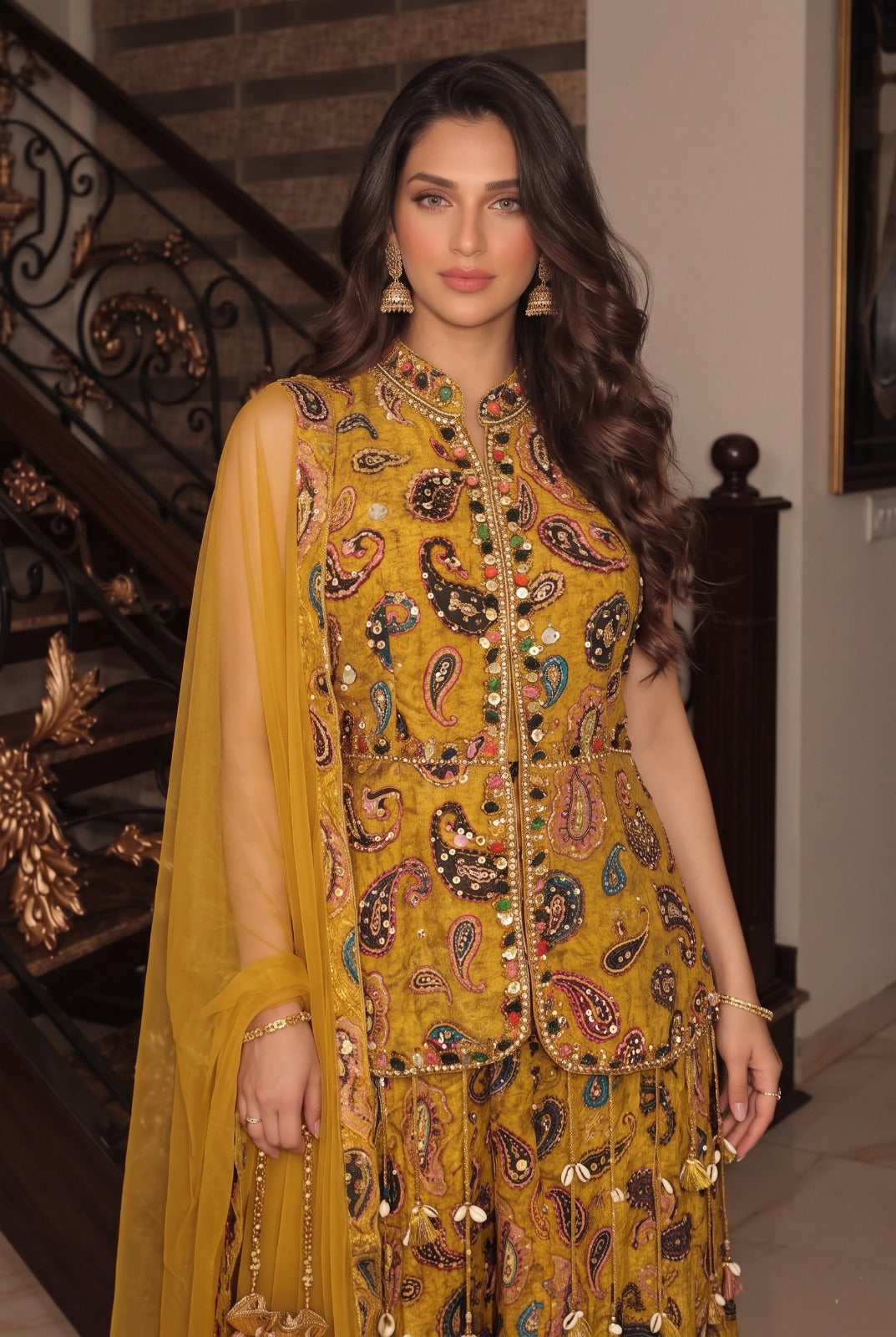 Mustard Yellow Embellished Crepe Silk Palazzo Set