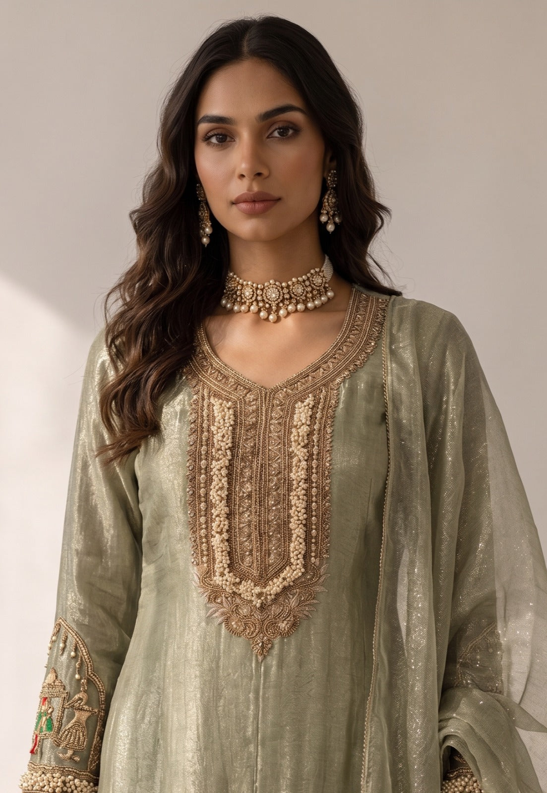 Metallic Green Embellished Shimmer Silk Palazzo Set