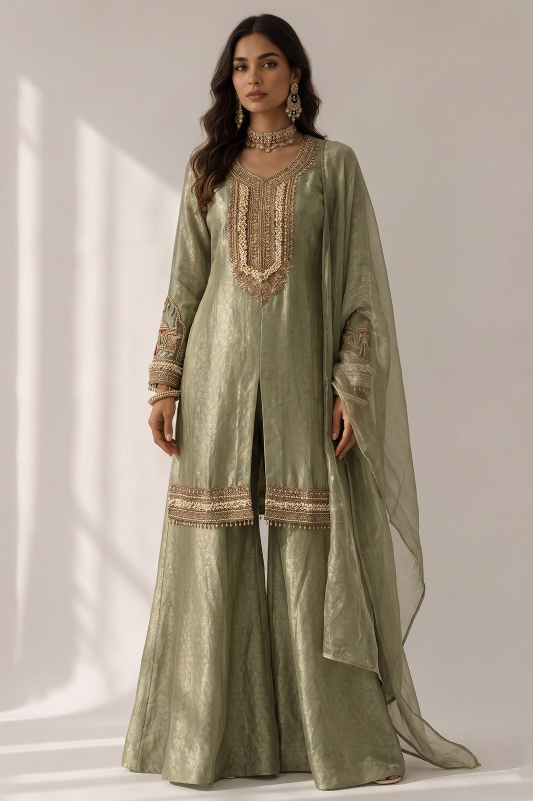 Metallic Green Embellished Shimmer Silk Palazzo Set
