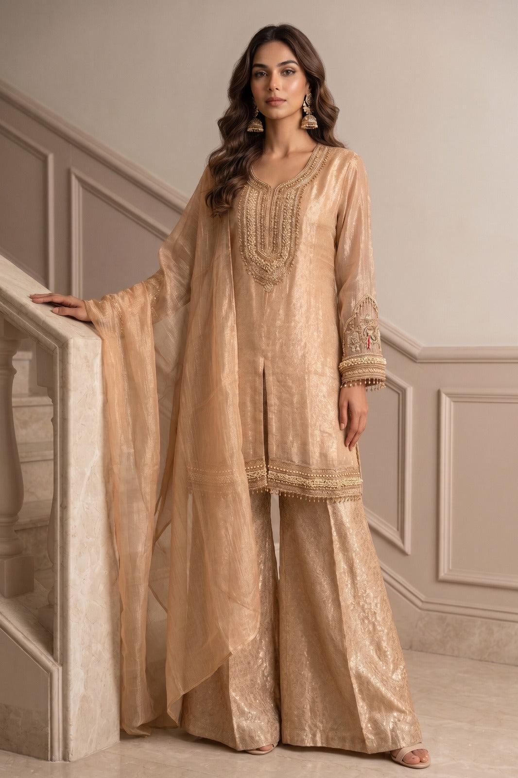 Metallic Peach Embellished Shimmer Silk Palazzo Set