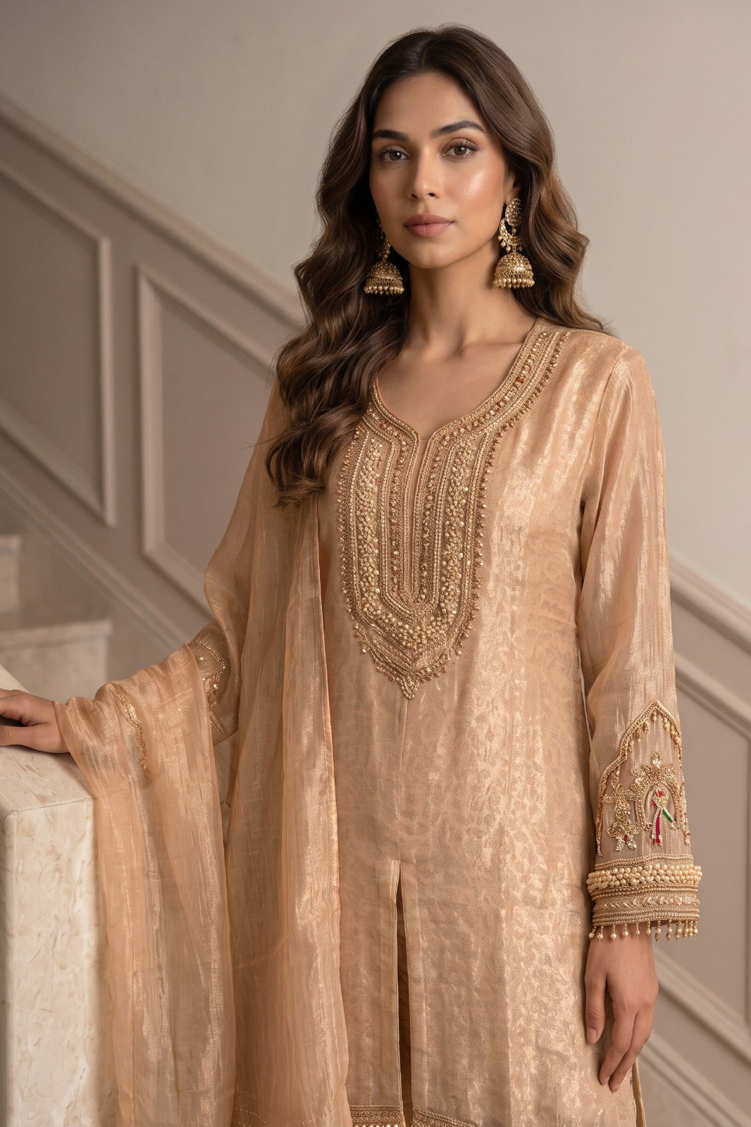 Metallic Peach Embellished Shimmer Silk Palazzo Set