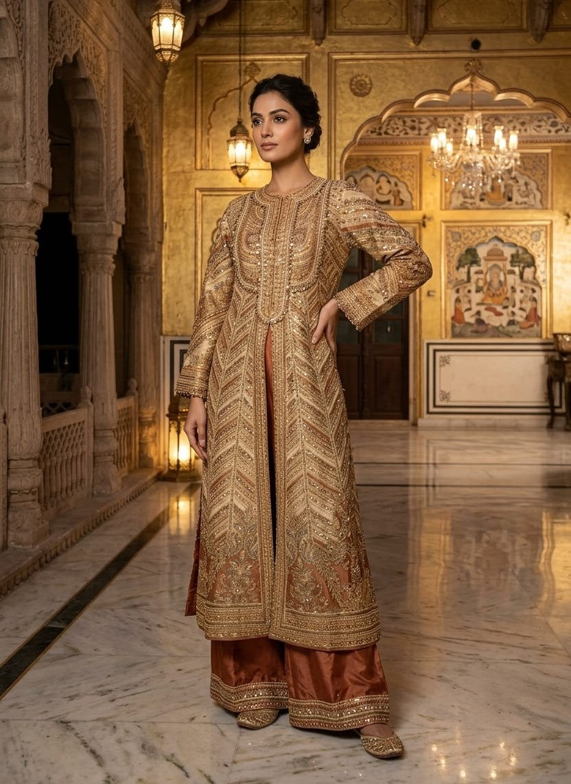 Beige Embellished Premium Silk Palazzo Set