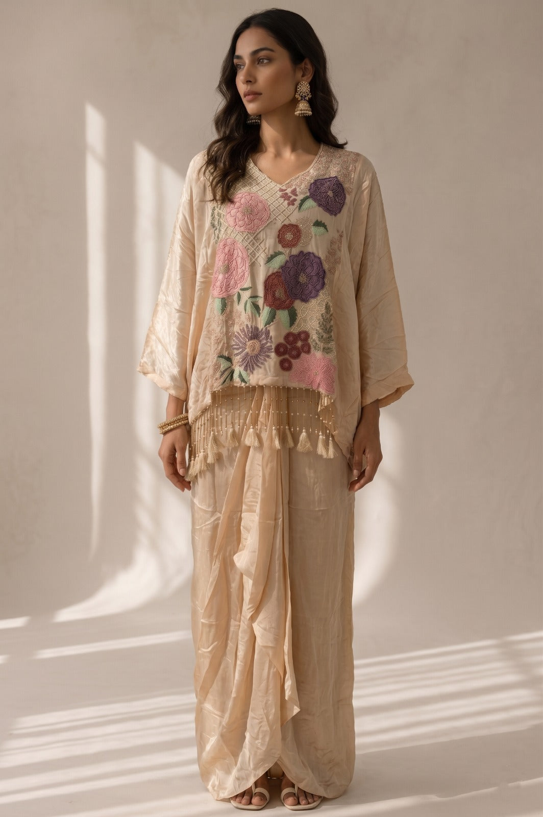 Soft Peach Embellished Crepe Satin Silk Skirt Set