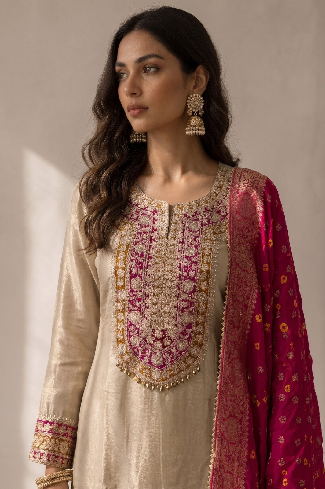 Mettalic Beige Embellished Shimmer Tissue Silk Salwar Set