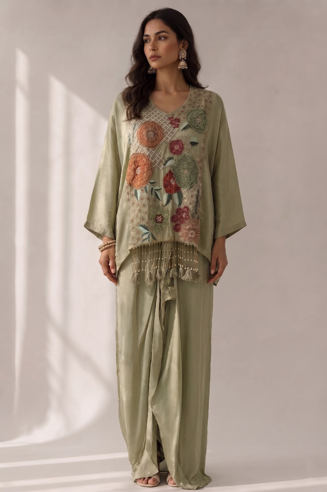 Sage Green Embellished Crepe Satin Silk Skirt Set