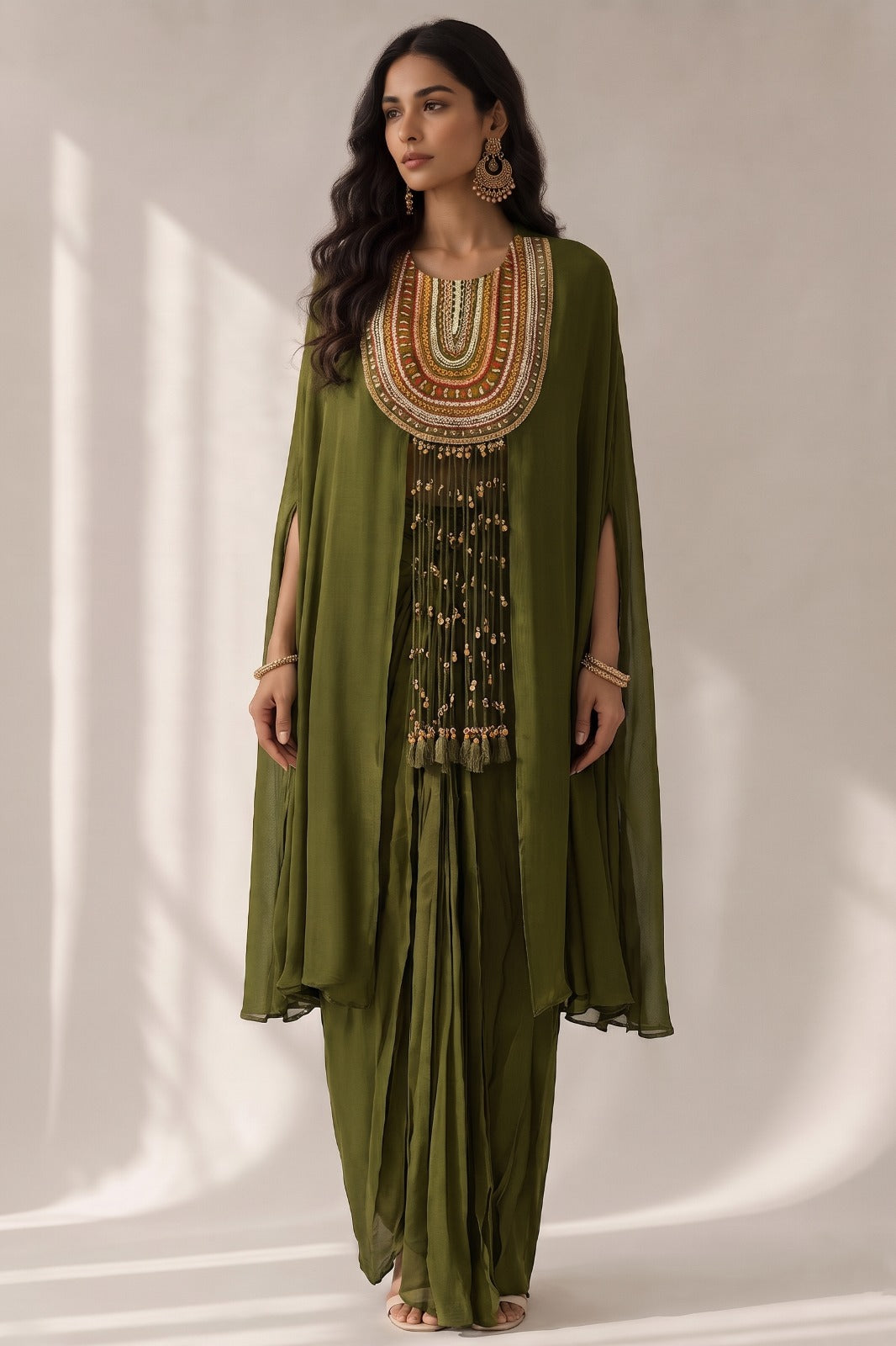 Olive Green Embellished Crepe Silk Skirt Set