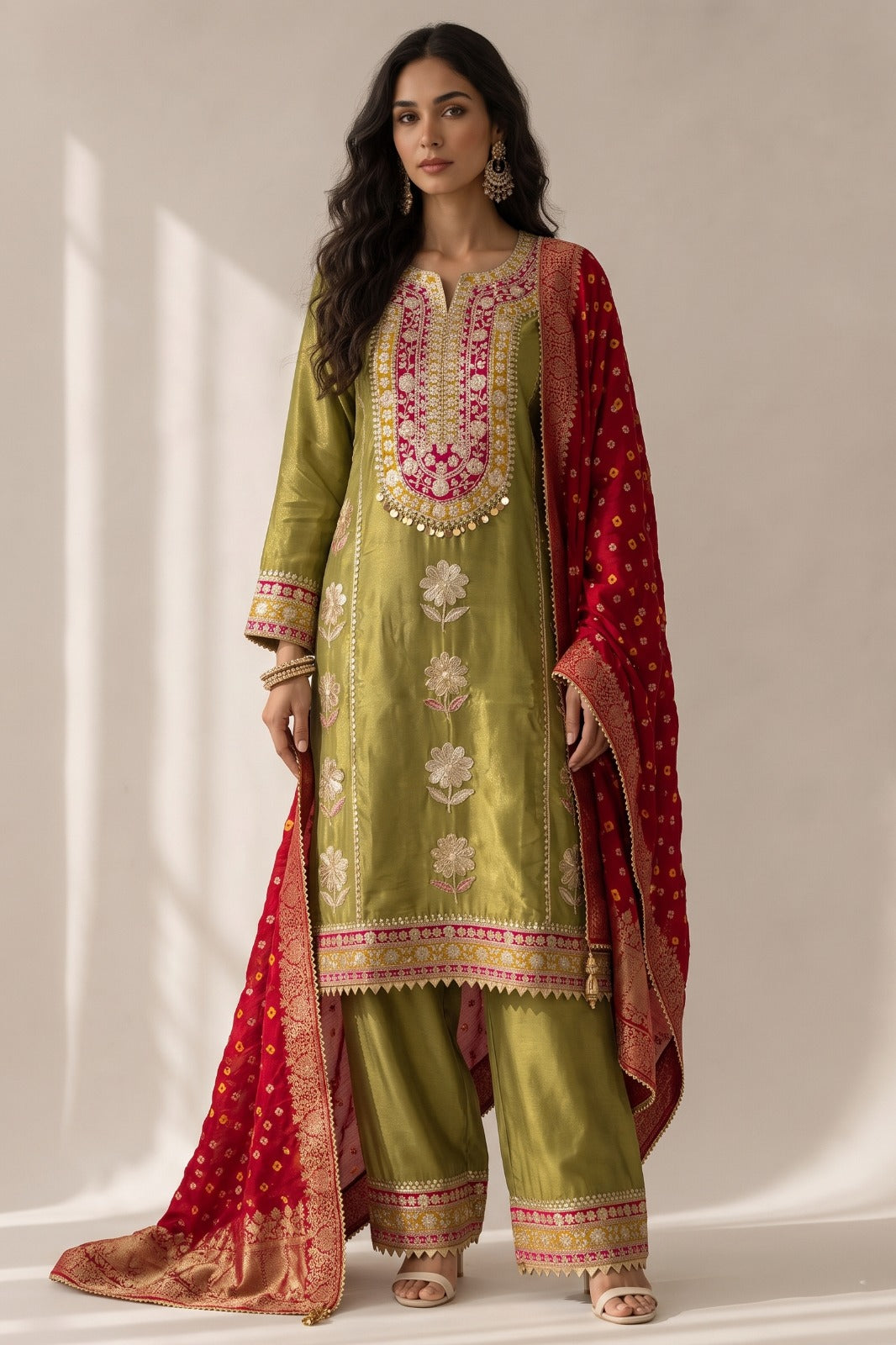 Olive Green Embellished Shimmer Tissue Silk Salwar Set
