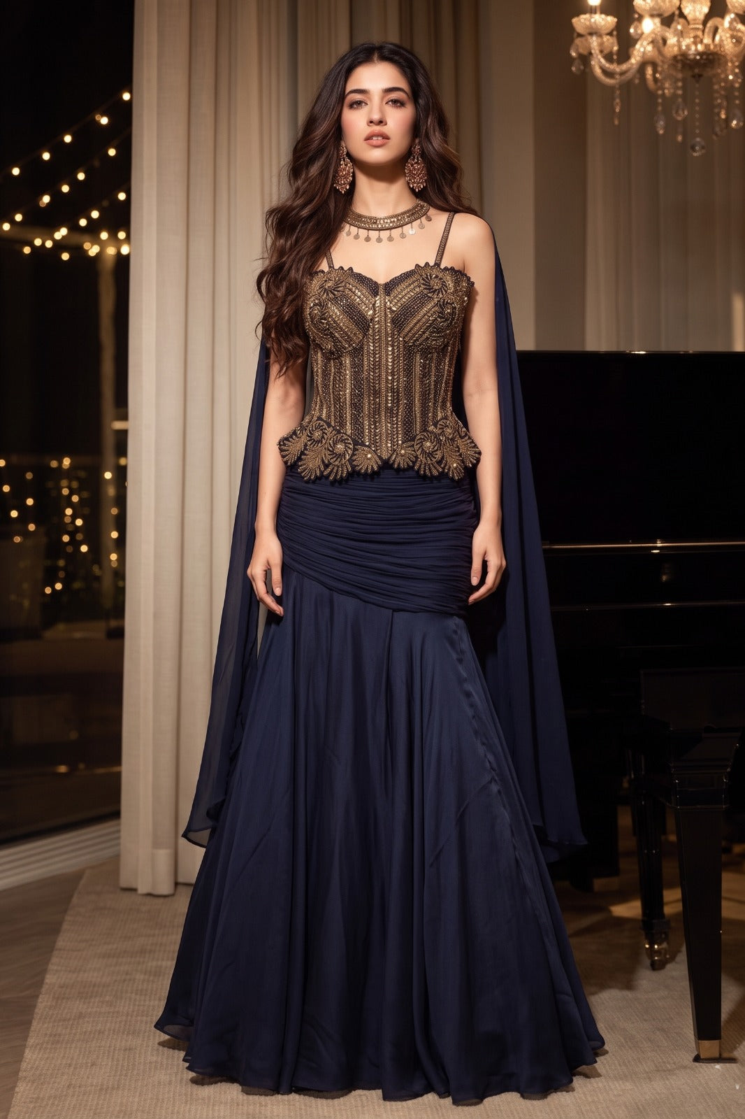 Regal Navy Embellished Premium Silk Skirt Set