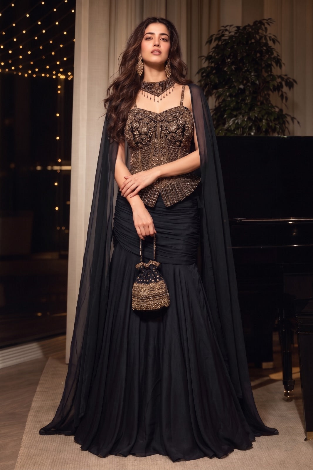 Midnight Black Embellished Premium Silk Skirt Set