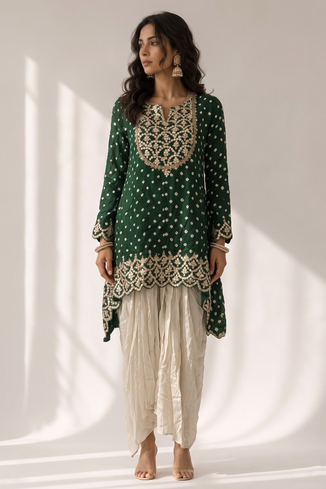 Bottle Green Embellished Satin Silk Skirt Set