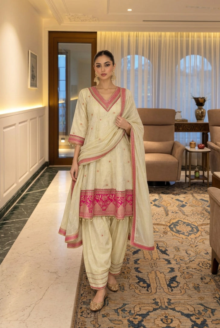 Ivory Cream Embellished Shimmer Silk Salwar Set