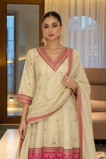 Ivory Cream Embellished Shimmer Silk Salwar Set