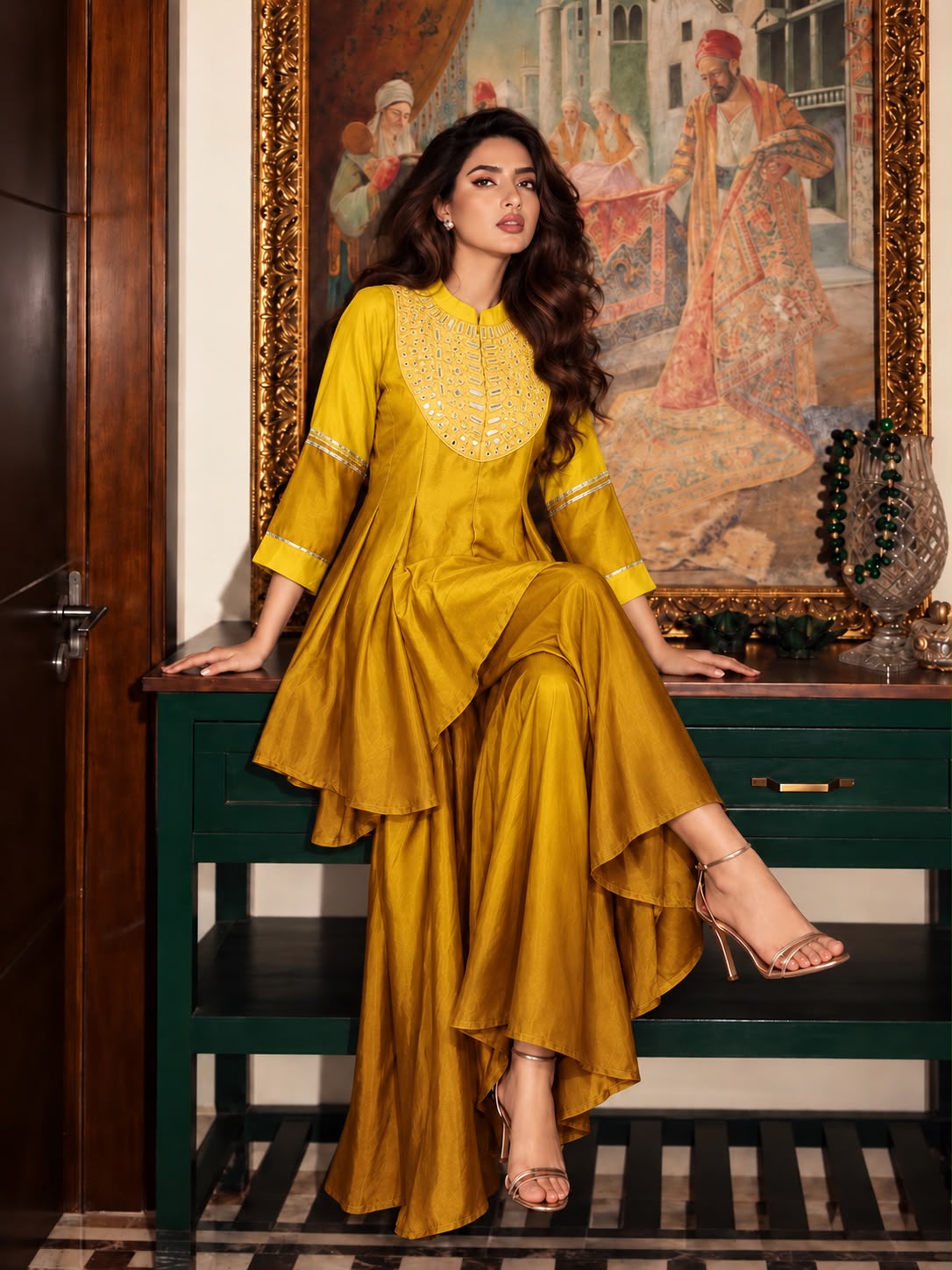 Ombre Mustard Mul Chanderi Silk Mirror Co-ord Set
