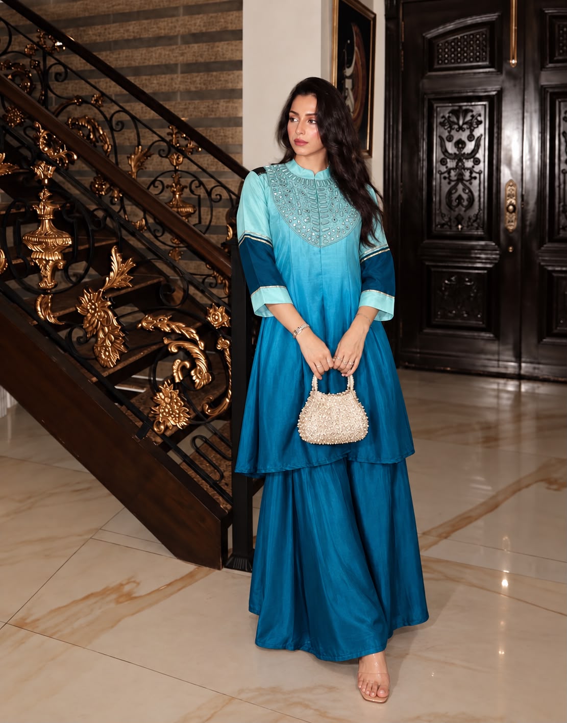 Ombre Turquoise Mul Chanderi Silk Mirror Co-ord Set