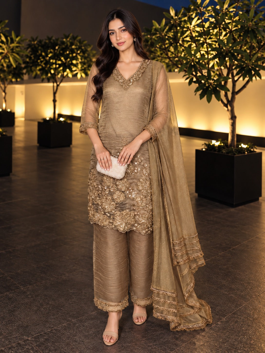 Champagne Bronze Embellished Shimmer Tissue Silk Palazzo Set
