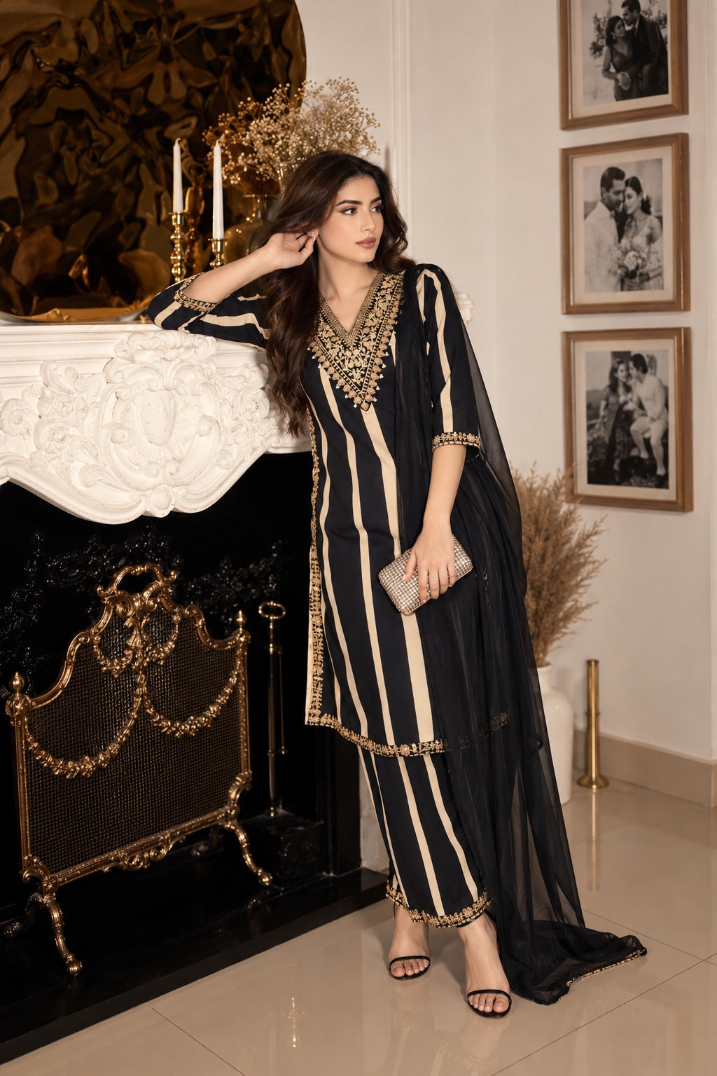 Jet Black & Cream Beige Printed Cotton Palazzo Set