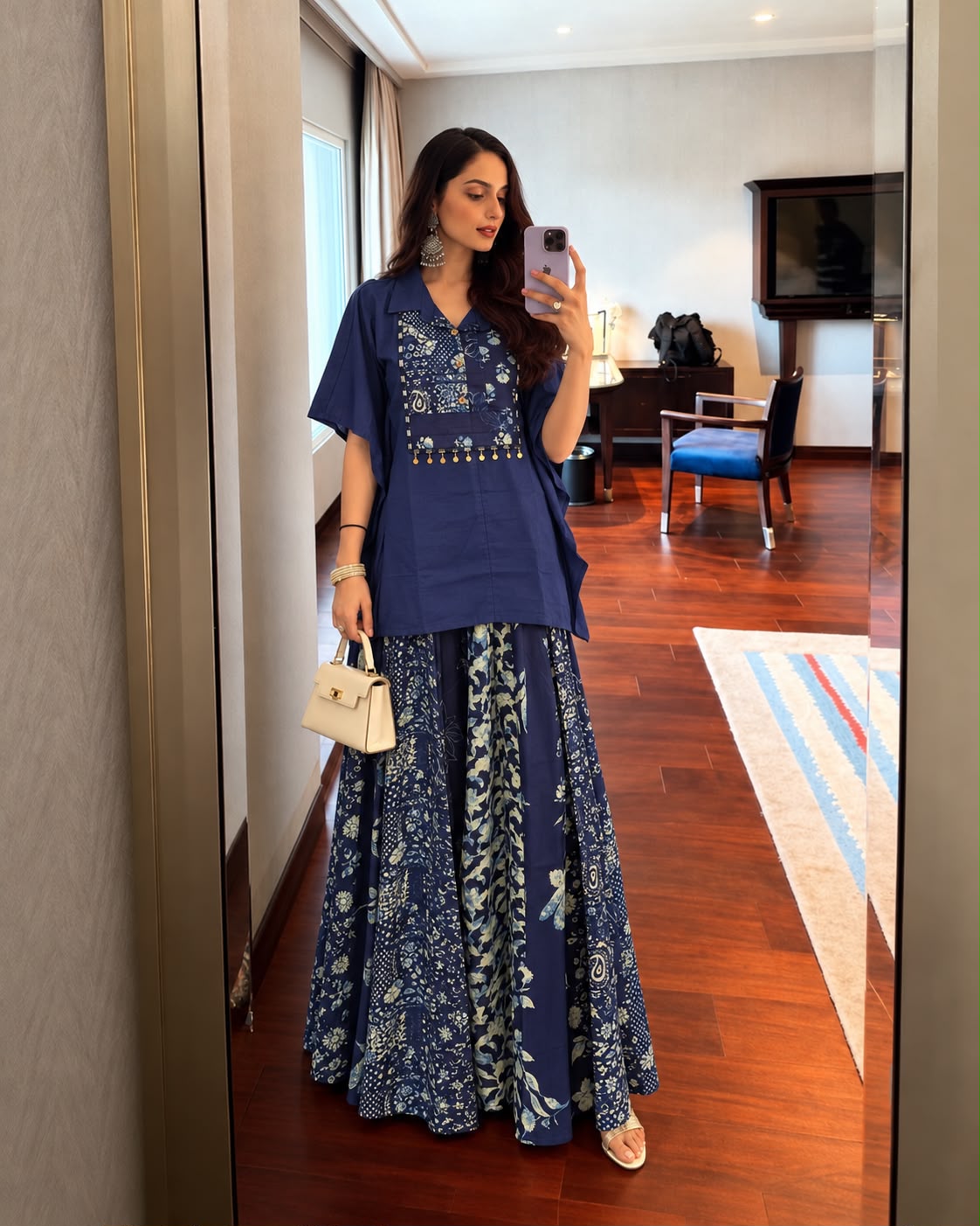 Indigo Navy Blue Printed Cotton Kaftan Set