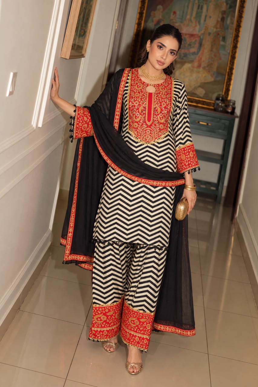 Rich Red Embellished Crepe Silk Salwar Set