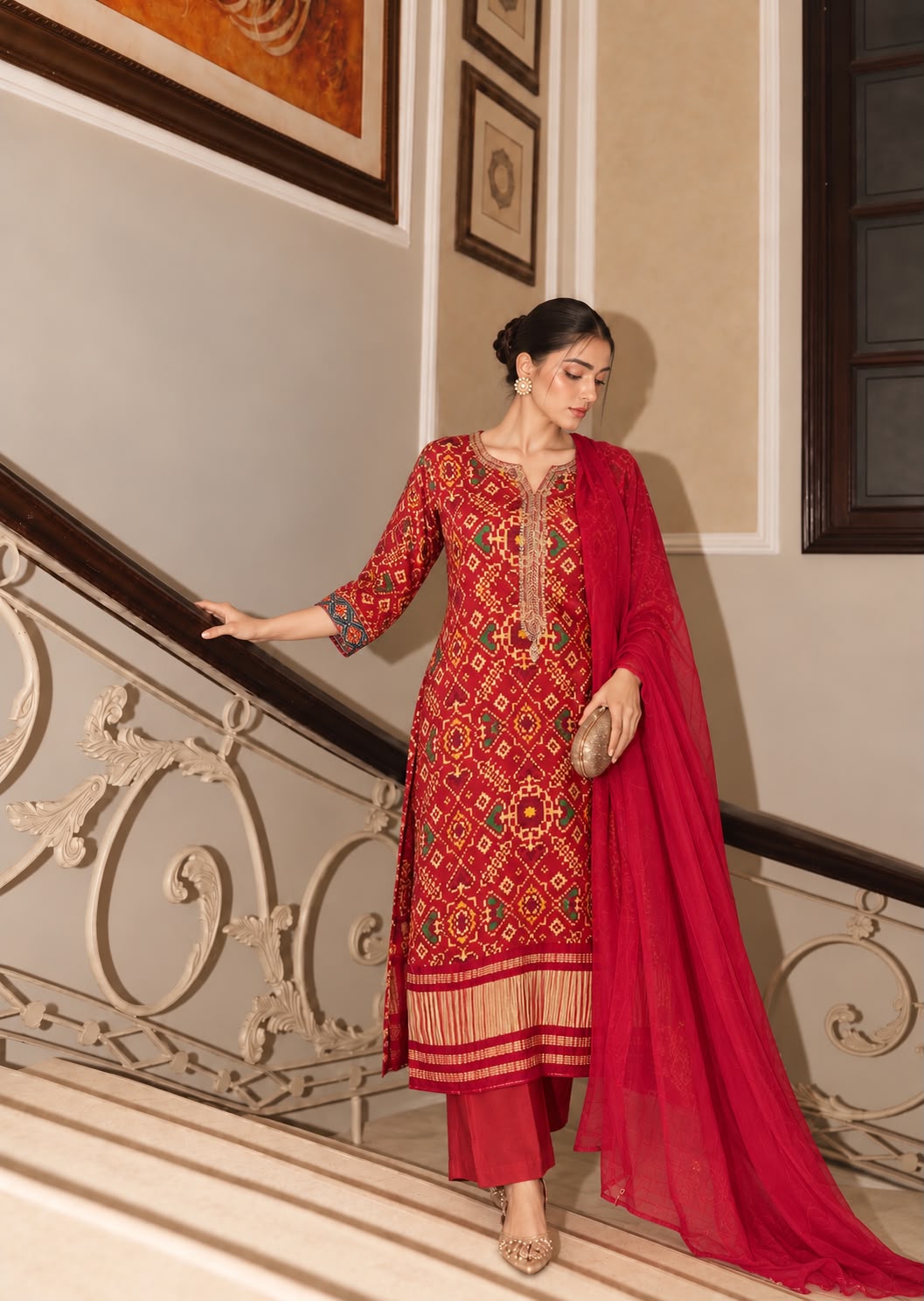 Royal Red Embellished Gajji Silk Pant Set