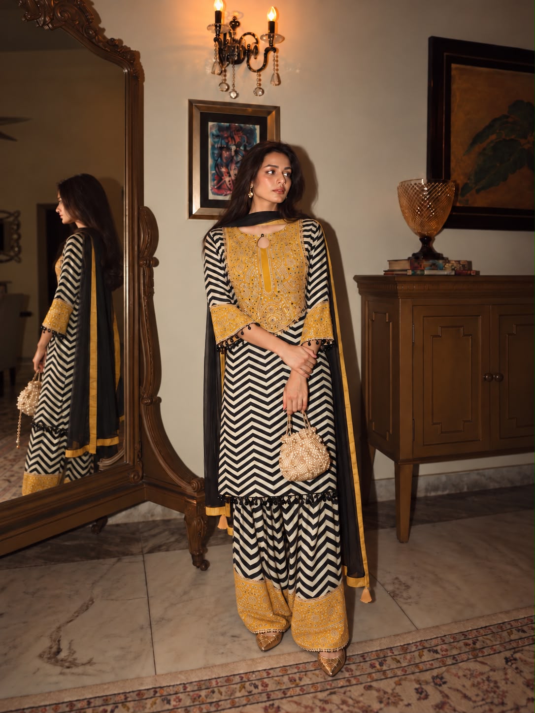Mustard Yellow Embellished Crepe Silk Salwar Set