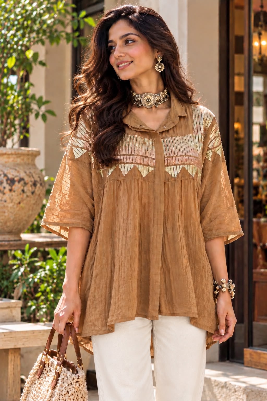 Muted Tan Embroidered Gauze Cotton Shirt