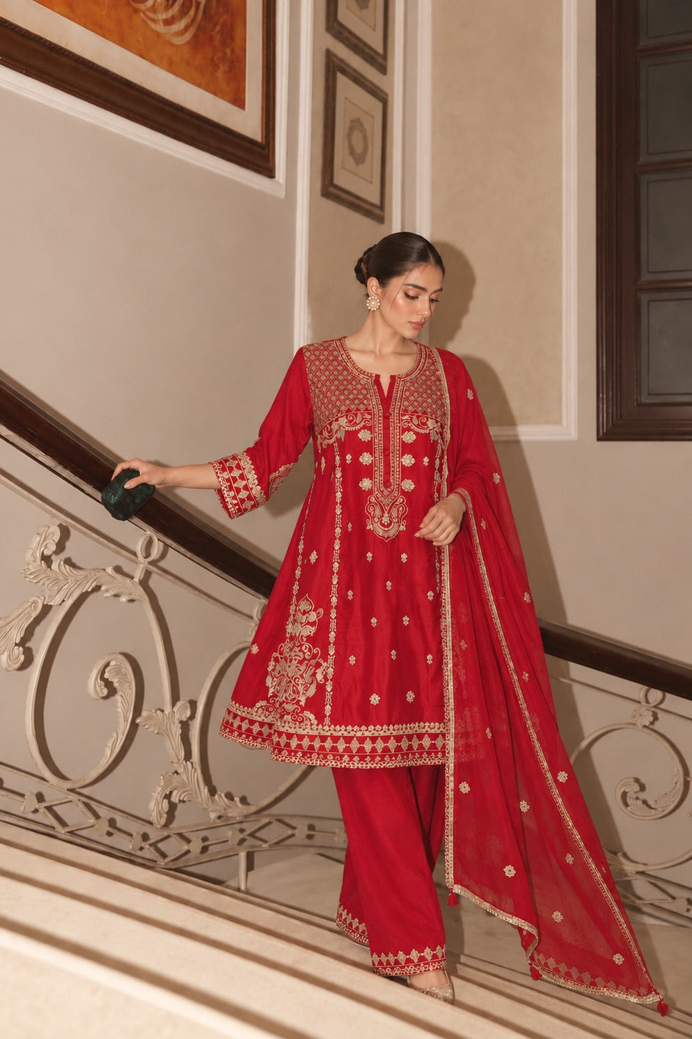 Rani Red Embellished Premium Silk Pant Set