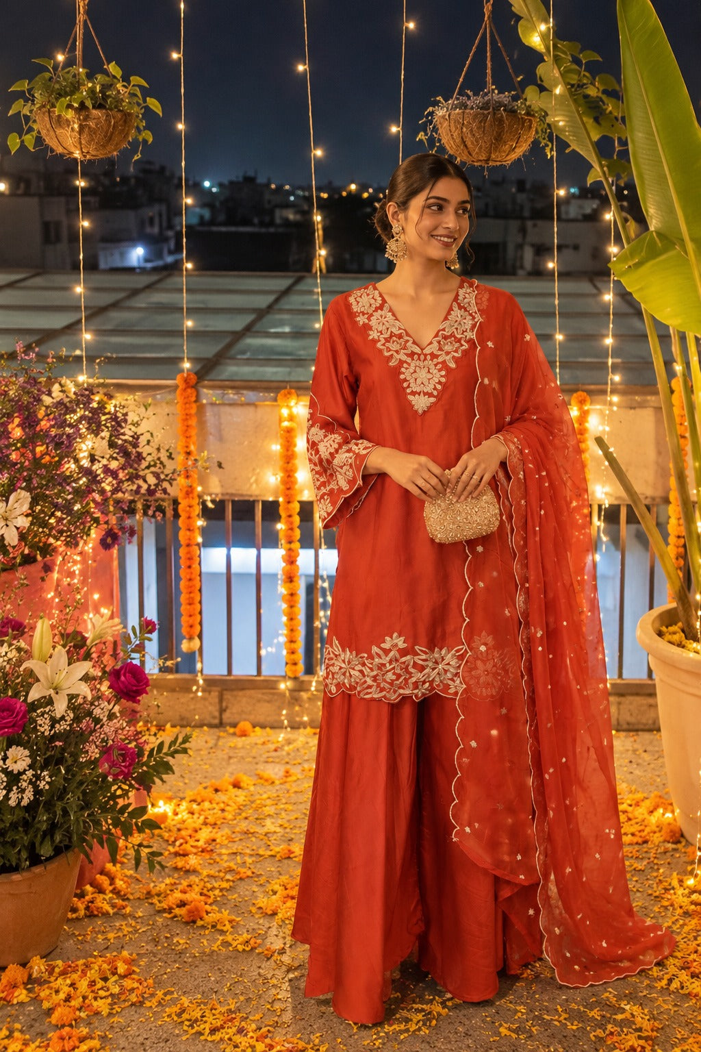 Burnt Coral Embellished Crepe Silk Palazzo Set
