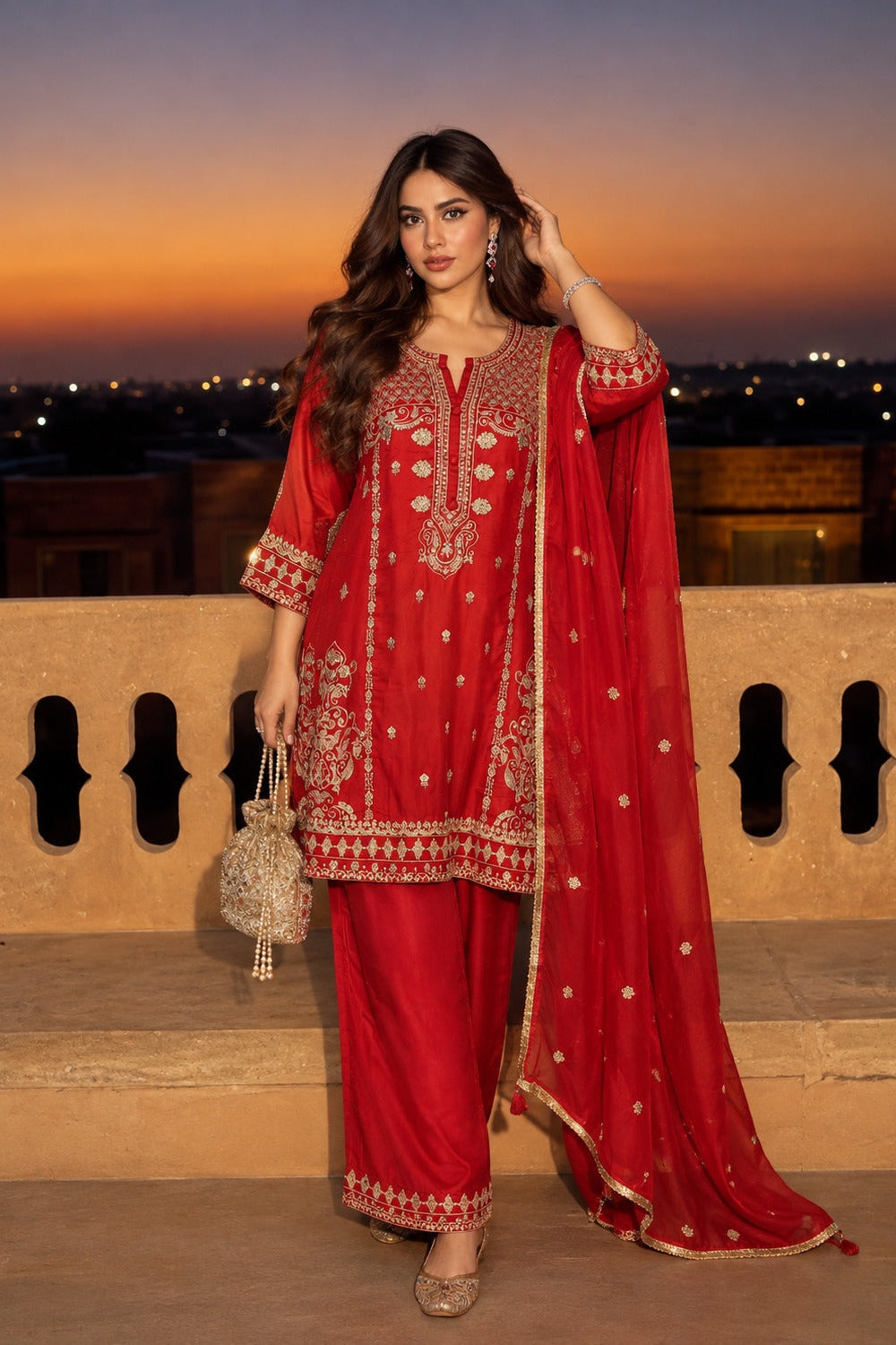 Rani Red Embellished Premium Silk Pant Set