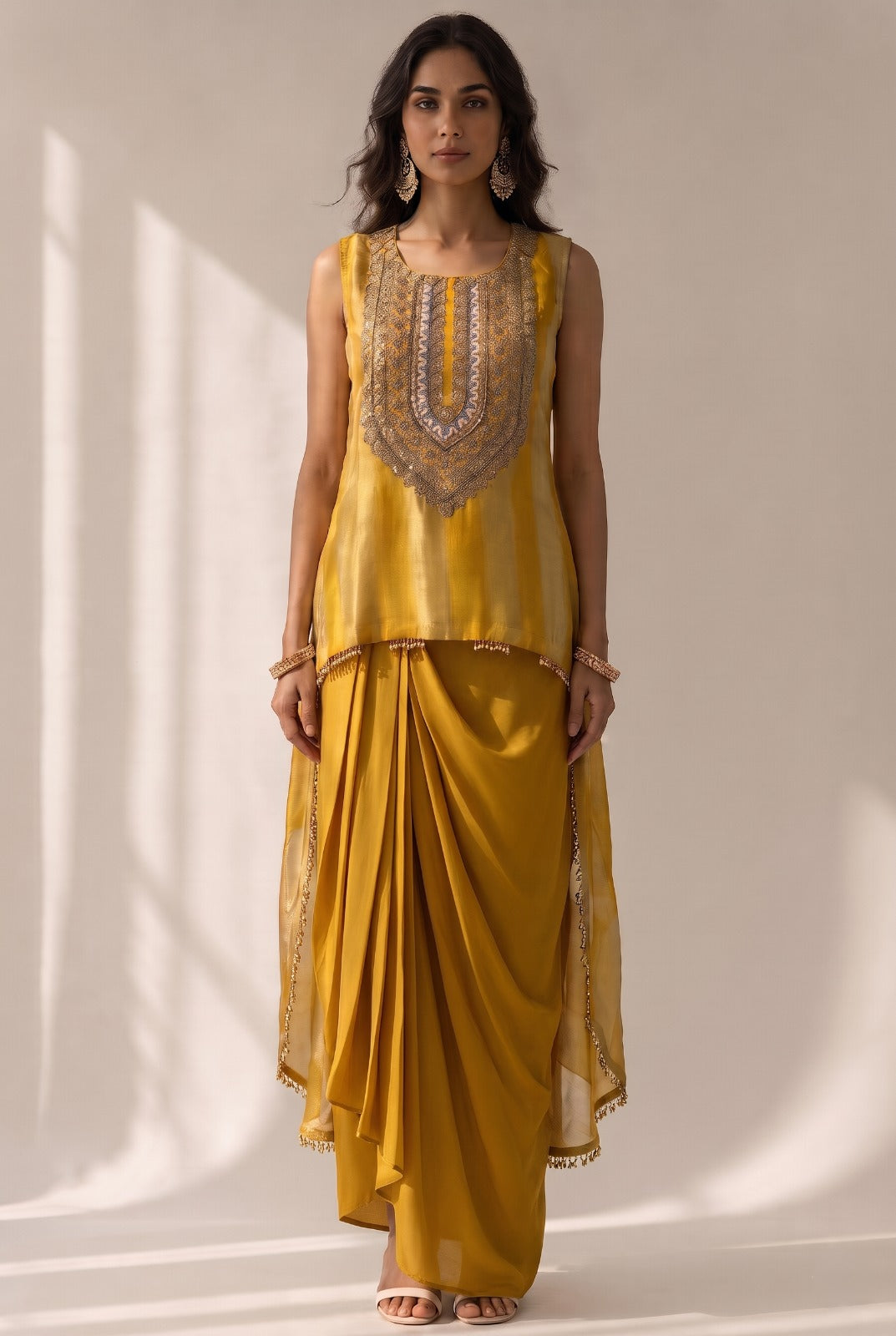 Vibrant Yellow Embellished Crepe Silk Skirt Set