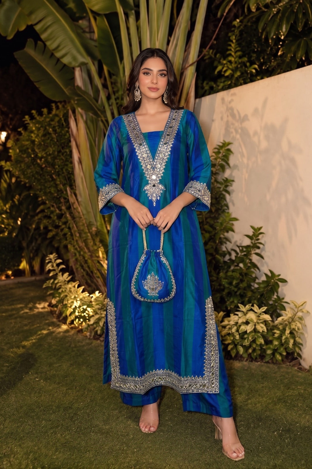 Teal Blue Embellished Crepe Silk Pant Set