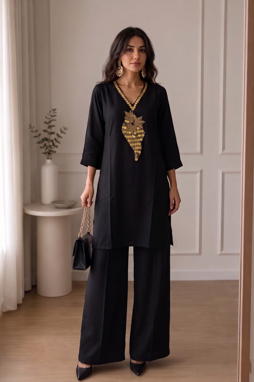 Jet Black Embellished Satin Silk Co-rd Set