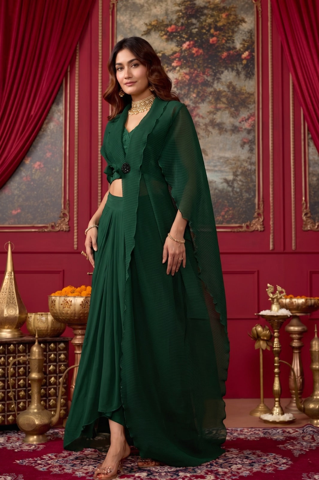 Dark Green Embellished Georgette Silk Skirt Set