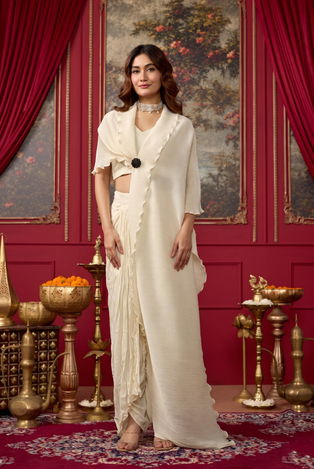 Ivory Cream Embellished Georgette Silk Skirt Set