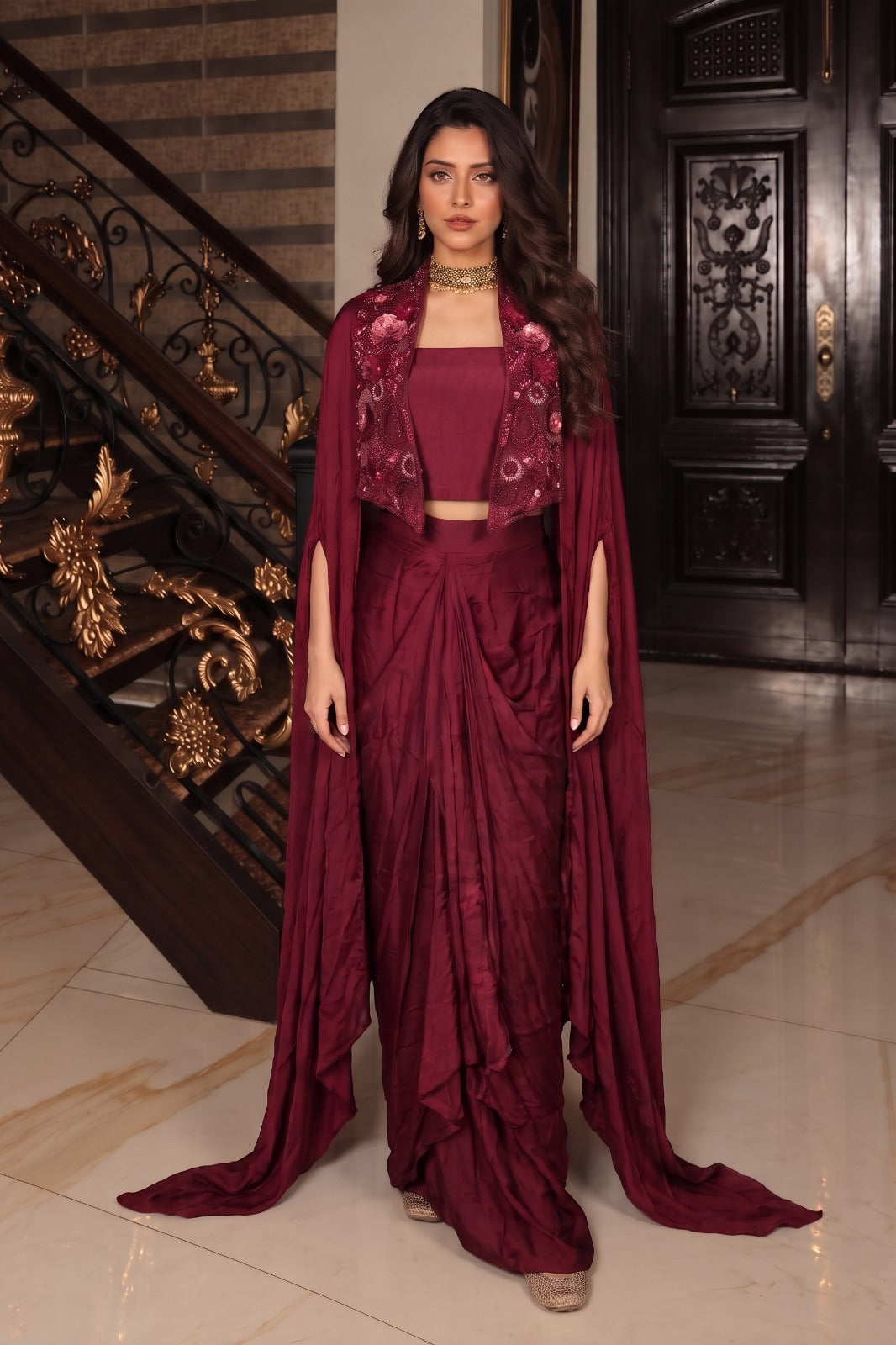 Deep Maroon Embellished Satin Silk Skirt Set