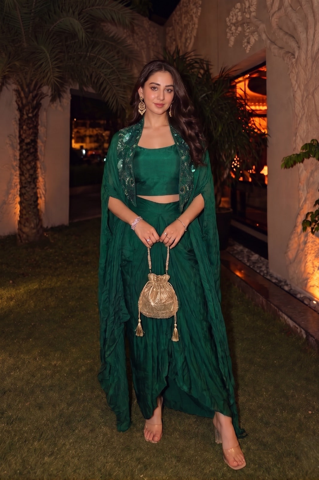 Deep Green Embellished Satin Silk Skirt Set