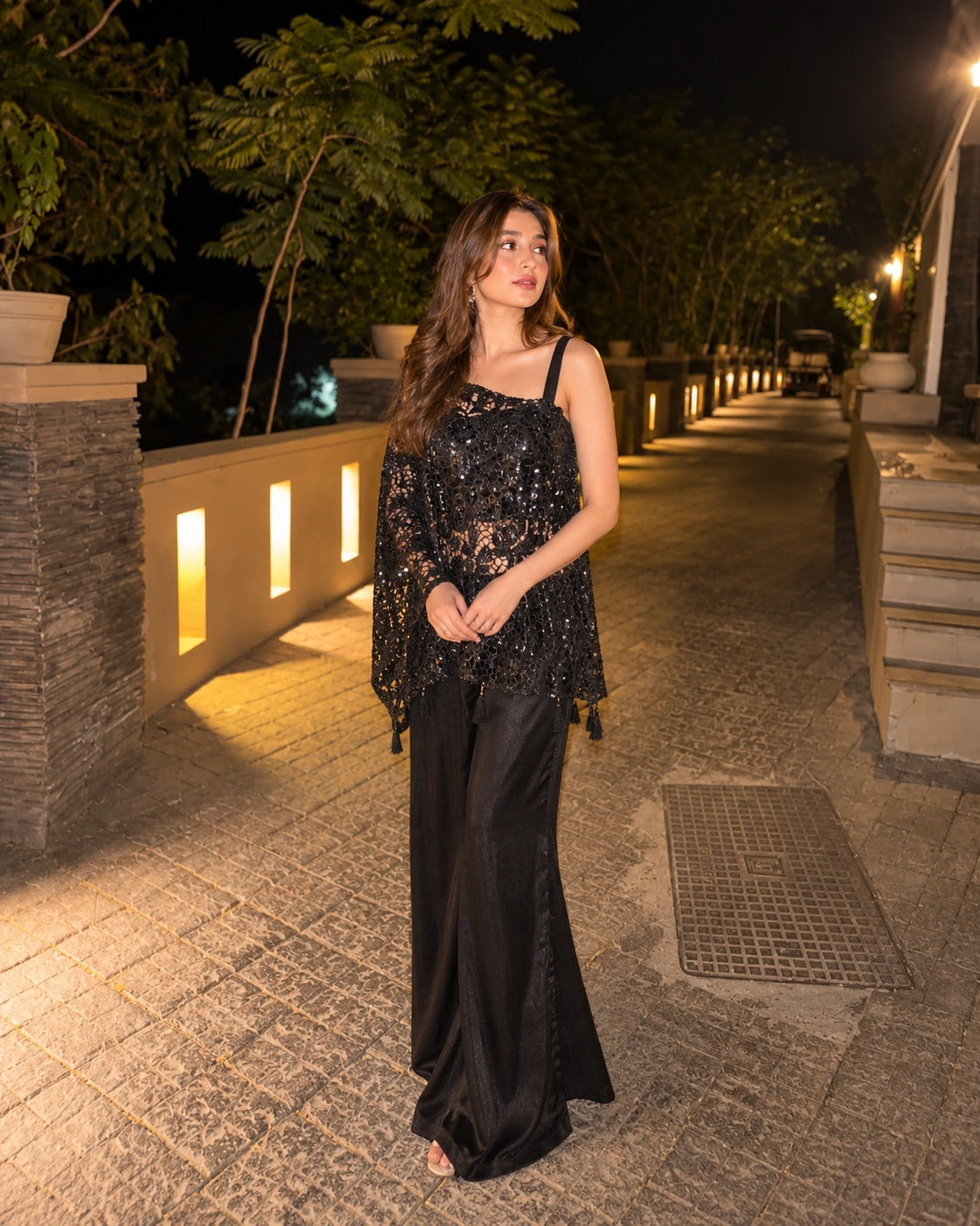 Jet Black Embellished Shimmer Silk Palazzo Set