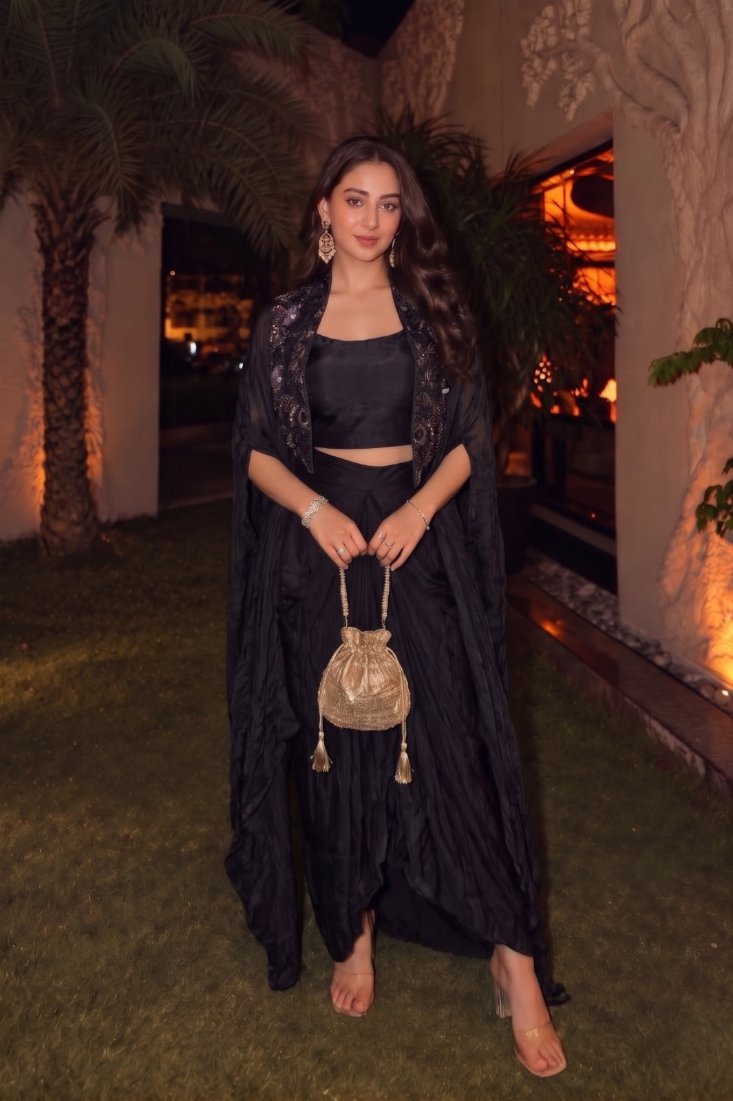 Deep Black Embellished Satin Silk Skirt Set