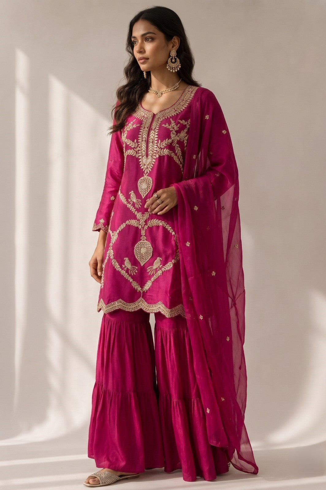 Hot Pink Embellished Georgette Silk Sharara Set