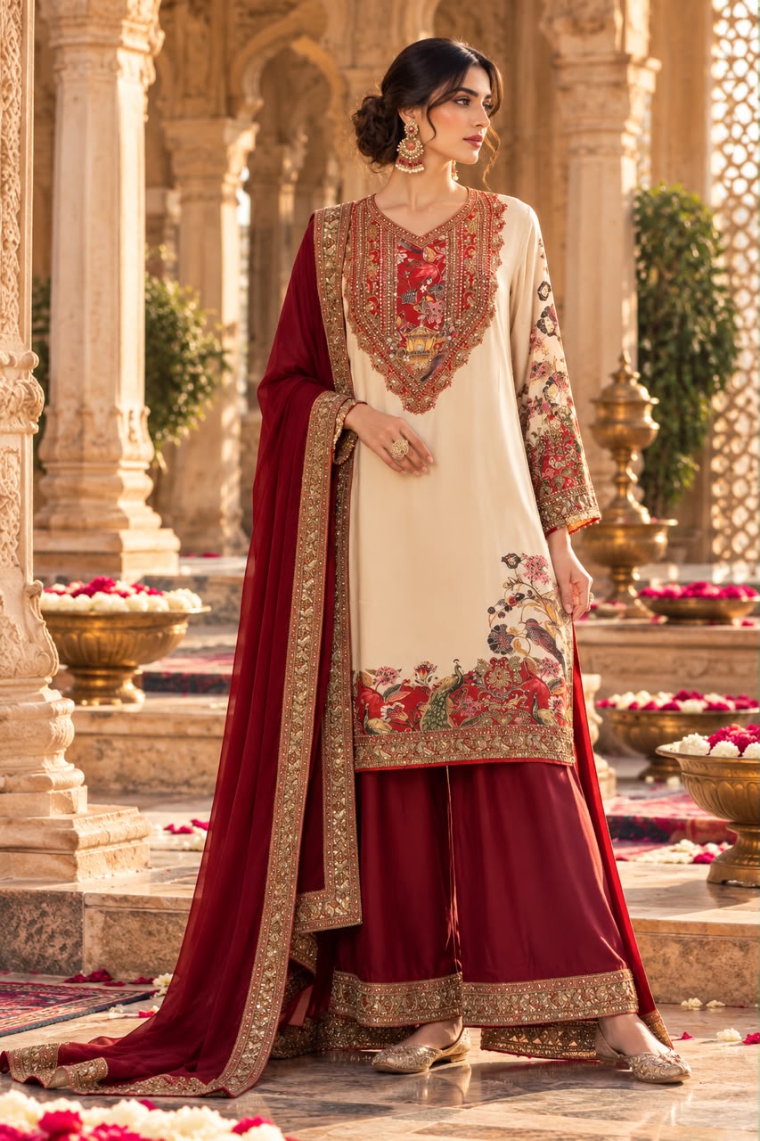 Maroon Embellished Crepe Satin Silk Palazzo Set
