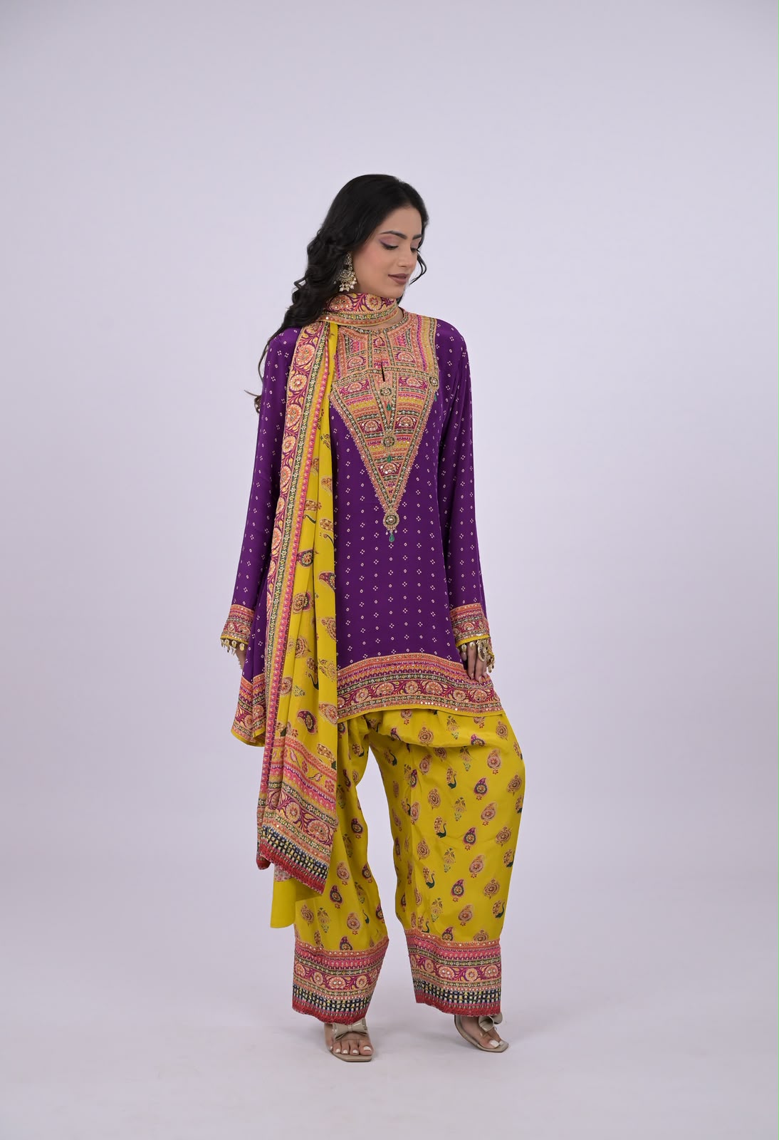 Royal Purple Yellow Embellished Crepe Silk Salwar Set