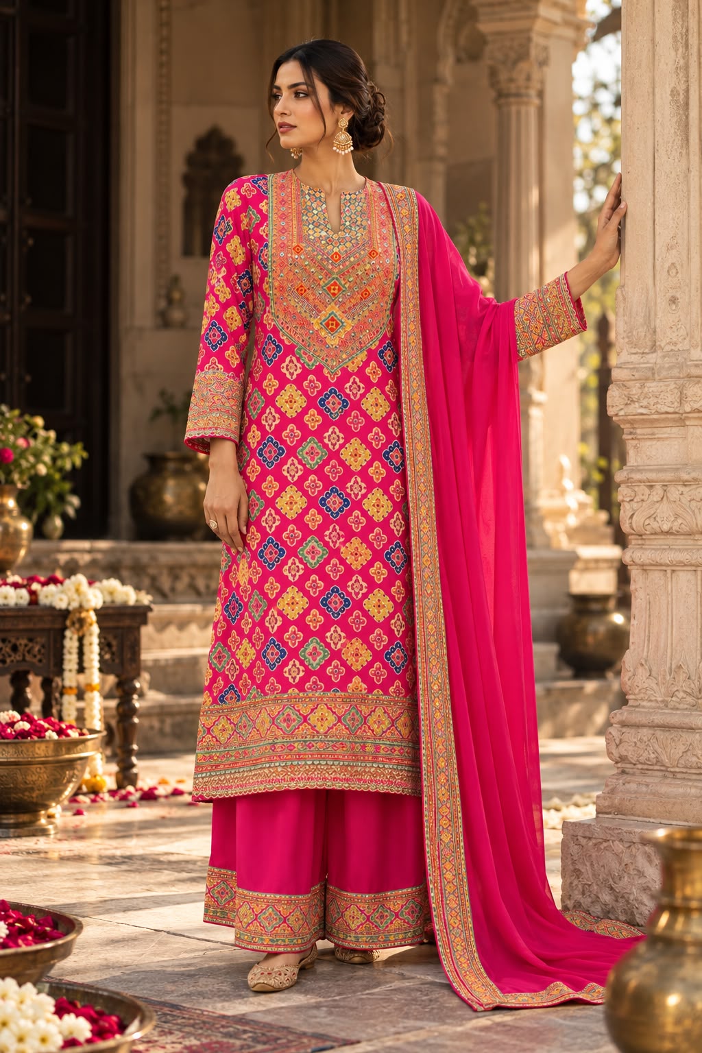 Bright Fuchsia Embellished Crepe Silk Pant Set